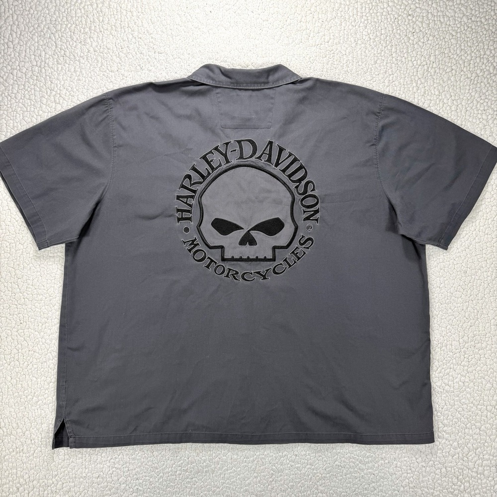 Harley Davidson Work Shirt Men's 4XL Gray Skull Button Up Biker Moto Y2K Casual
